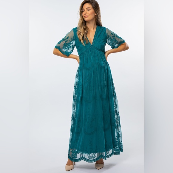 Pinkblush Teal Lace Mesh Overlay Maternity Plus Maxi Dress - Picture 3 of 4
